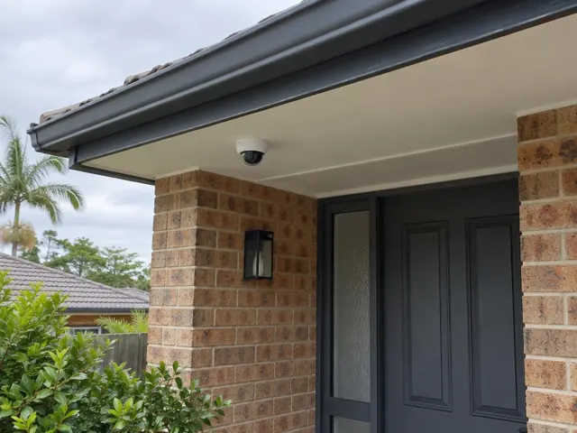 Dome CCTV camera mounted under the front eave above a brick entry in Helensvale