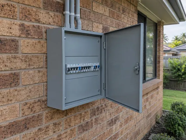 Exterior switchboard on a brick home wall with open door and circuit breakers in Upper Coomera